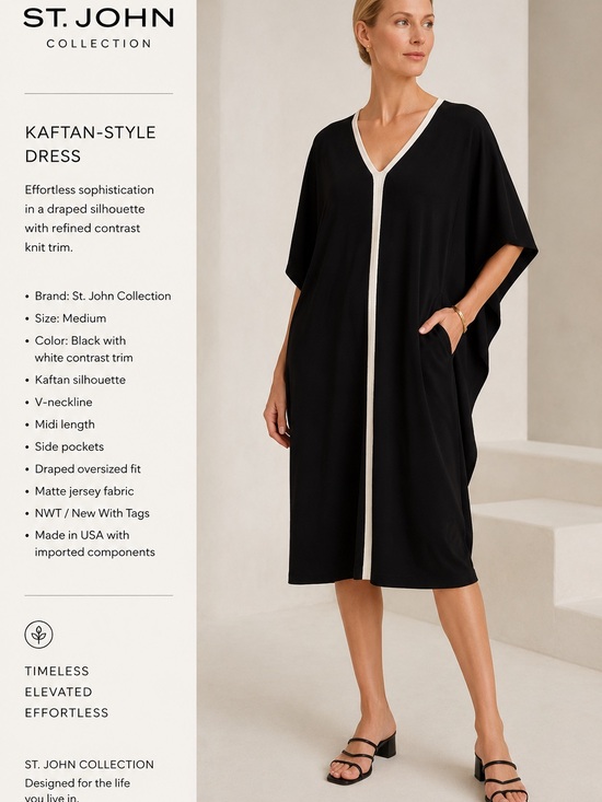 St. John Dresses & Skirts - St. John Black Kaftan dress with Cream Neck Trim